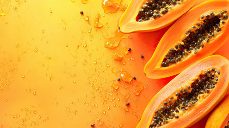 Tropical papaya background with seeds, perfect for highlighting freshness and exotic flavors.の素材