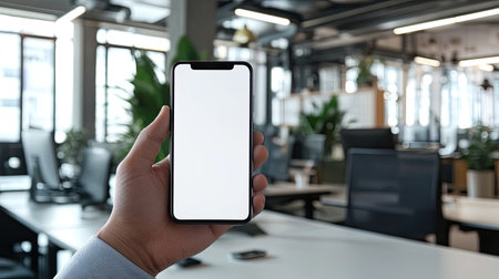 Professional holding a smartphone with a white screen in a modern office, suitable for business and technology concepts.の素材
