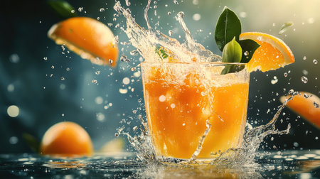 A vibrant orange fruit bursting with juice, splashing into a glass with flying leaves and droplets, capturing the essence of citrus delight.の素材