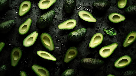 Avocados scattered across a black backdrop, creating a striking visual with rich green tones.の素材