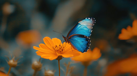 Side view of a vibrant blue butterfly perched delicately on an orange flower, creating a striking contrast against the background.の素材