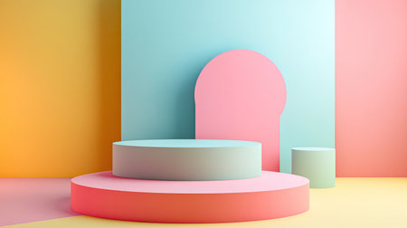 Abstract 3D product display stands in vibrant colors, offering a clean and minimal design for studio product presentations.の素材