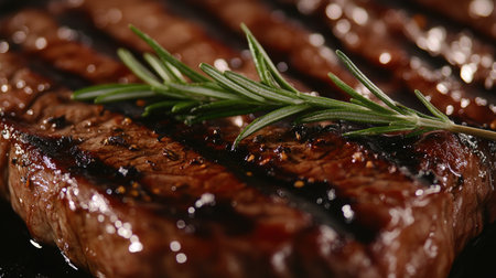 Close-up of grilled beef steak, accented with a sprig of rosemary, highlighting its tender and flavorful textureの素材