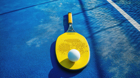 Blue sports field with a yellow paddle and ball, perfect for capturing the energy of paddle tennis.の素材