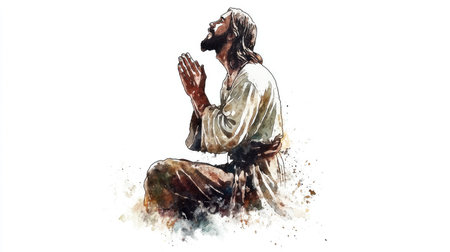 Artistic watercolor of Jesus in prayer, kneeling with hands clasped, isolated on a clean white background.の素材