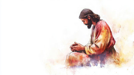Artistic watercolor of Jesus in prayer, kneeling with hands clasped, isolated on a clean white background.の素材