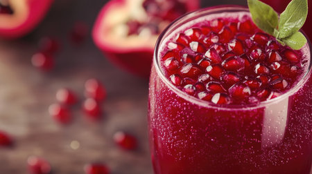 Close-up of fresh pomegranate juice in a glass, with a clean area for text or branding.の素材