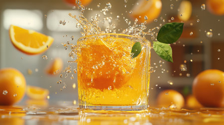 A vibrant orange fruit bursting with juice, splashing into a glass with flying leaves and droplets, capturing the essence of citrus delight.の素材