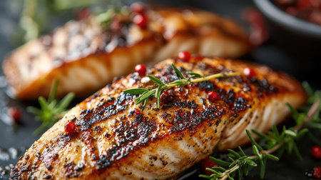 Close-up of perfectly grilled fish garnished with fresh herbs and spices, showcasing a delicious and aromatic dish.の素材