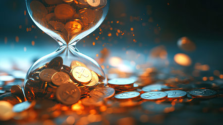 Coins falling through an hourglass, representing the value of time in a financial setting.の素材