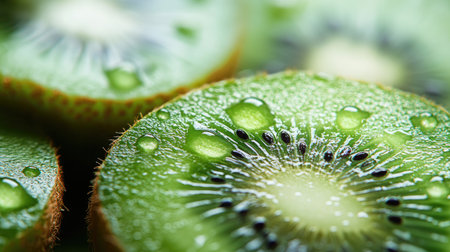 Close-up macro of fresh green kiwi fruits with water droplets, ideal for a juicy and refreshing design.の素材