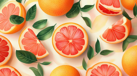Colorful grapefruit background with whole and sliced fruits, accented with fresh green leaves.の素材