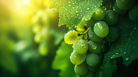 Close-up of vibrant green grape vines, glistening with fresh water droplets, perfect for a refreshing design.の素材