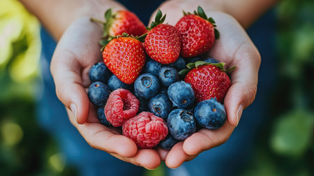 A vibrant handful of fresh berries, including strawberries, raspberries, and blueberries, creating a colorful and healthy display.の素材