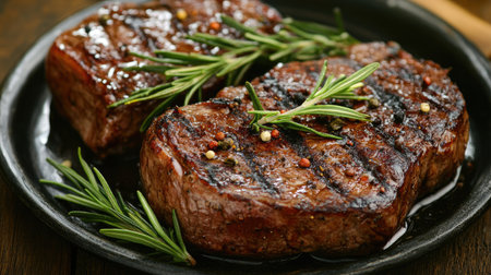 Grilled beef steak with a garnish of rosemary, perfectly seared and ready to be served.の素材