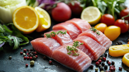 Raw fish meat arranged with fresh salad and vegetables, highlighting the natural and nutritious elements of the dish.の素材