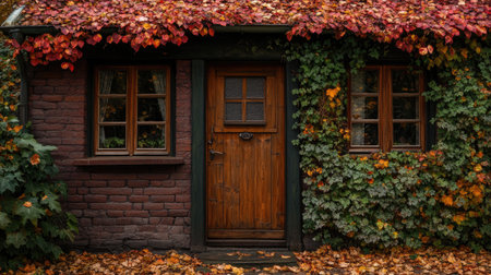 Quaint cottage with a painted wooden door and vintage windows, surrounded by autumn leaves, radiating a warm and nostalgic atmosphere.の素材