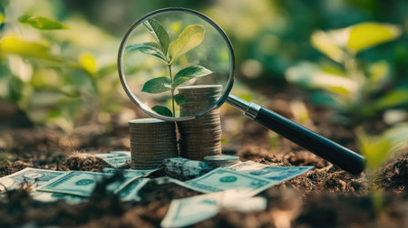 Piles of money under a magnifying glass, showing financial growth and eco-friendly business in a clear, modern concept.の素材