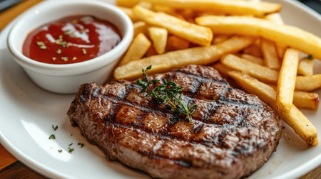 Organic grilled beef steak served with crispy French fries, perfect for a hearty and satisfying dining experience.の素材