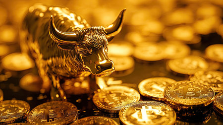 Golden bull and crypto coins representing a booming economy, capturing the essence of financial success.の素材