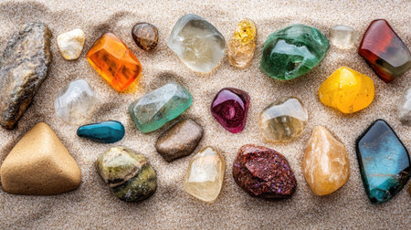 Vibrant collection of gemstones and sea glass on a sandy beach, showcasing a colorful summer scene.の素材