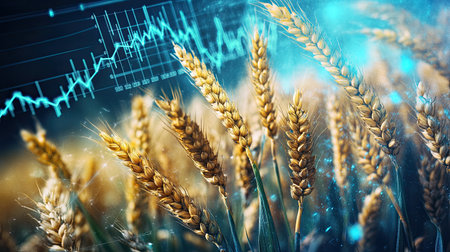 Wheat plants and financial graphs together, symbolizing agricultural economics and investment opportunities.の素材