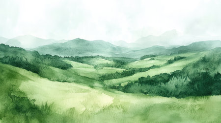 Watercolor painting of a green hillside landscape, with soft, warm tones creating a peaceful and inviting atmosphere.の素材