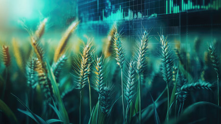 Wheat plants and financial graphs together, symbolizing agricultural economics and investment opportunities.の素材