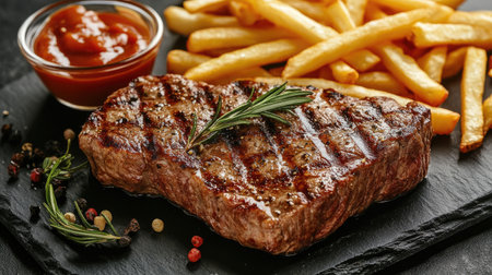 Tasty grilled organic beef steak served with crispy French fries, creating a delicious and hearty meal.の素材