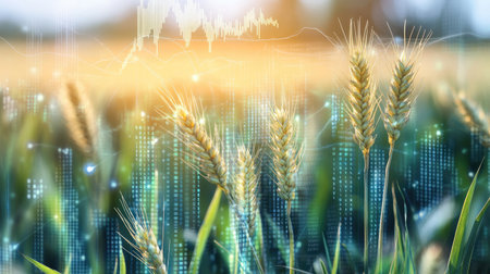 Wheat plants next to financial data, illustrating the relationship between agriculture and economic growth.の素材