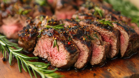 Savory grilled beef paired with rosemary, creating a visually appealing and flavorful dish.の素材