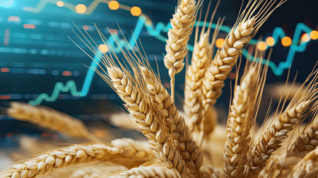 Wheat grains and financial charts combined, representing the connection between agriculture and financial markets.の素材