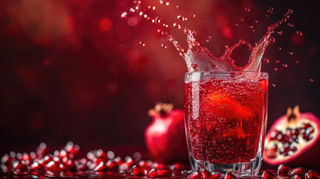 Refreshing pomegranate juice in a glass with a splash, creating an eye-catching visual with room for text.の素材