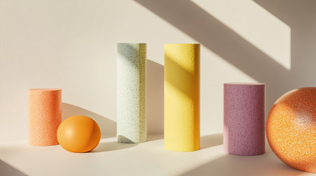 Vibrant 3D product stands on a white background, perfect for showcasing fashion items in a clean and abstract design.の素材