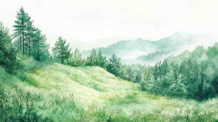 Warm-toned watercolor painting of a lush green hillside, capturing the beauty of nature in a soft, inviting way.の素材