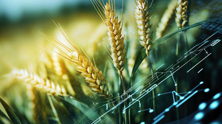 Wheat plants next to financial data, illustrating the relationship between agriculture and economic growth.の素材