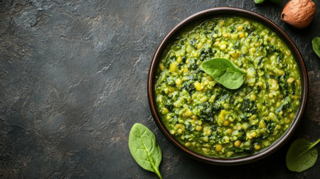 Nutritious Palak Khichdi, an Indian dish of lentils, rice, and spinach, displayed with advertising space. Perfect for healthy meal promotions.の素材