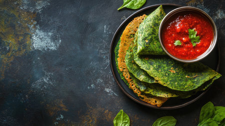 Healthy Palak Dosa made with spinach batter and served with red chutney, shown with advertising space. Ideal for showcasing nutritious Indian cuisine.の素材