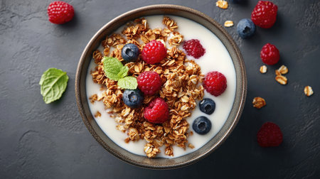 A bowl of oat granola with milk and berries, viewed from above. Nutritious breakfast option with plenty of space for text or other design elements.の素材