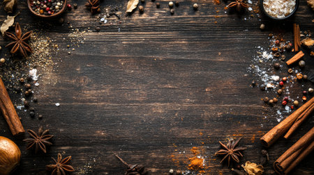 Assorted spices and ingredients on a dark wooden surface, forming a frame with an empty center. Ideal for culinary backgrounds and recipe presentations.の素材