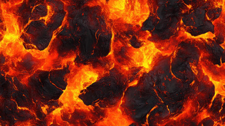 Molten lava texture with fiery rock and magma flows, creating a seamless pattern. Ideal for depicting volcanic and hellish scenes with hot flames and explosions.の素材