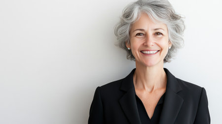 Smiling older businesswoman with grey hair, standing against a white background. Ideal for professional and corporate themes with plenty of copy space.の素材
