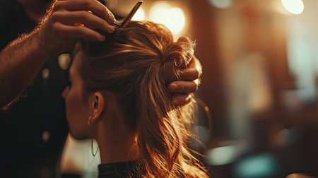 Hairdresser in action, styling a client's hair with skill and care, highlighting the art of professional hairstyling.の素材