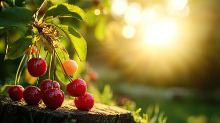 Ripe cherries in the sunlight, closeup capturing the natural beauty and freshness of the fruit.の素材