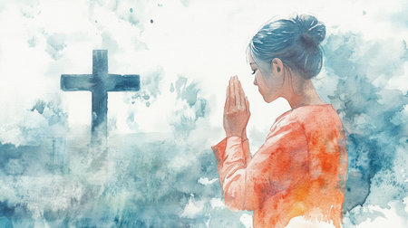 Artistic watercolor of a woman in prayer beside a cross, emphasizing faith and devotion.の素材