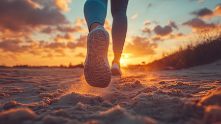 Running feet of a woman in the sunset, close-up shot highlighting the movement and vibrant colors of the evening sky.の素材