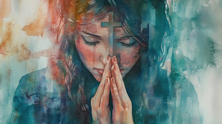Praying woman in watercolor, with a Christian cross, highlighting themes of spirituality and peace.の素材