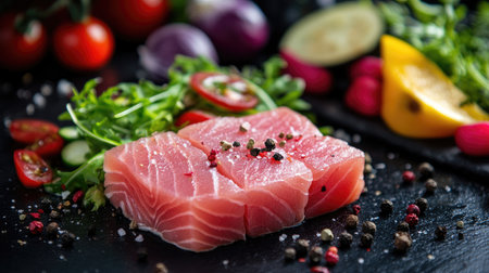 Raw fish meat presented with a fresh salad and vegetables on a dark background, emphasizing health and freshness.の素材