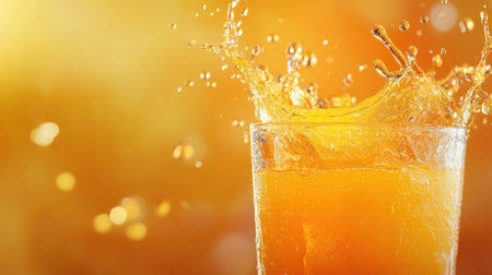 Dynamic splash of orange juice in a glass, with ample advertising space, ideal for beverage marketing.の素材