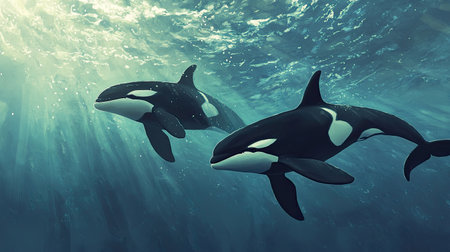 Orca whales swimming together in the vast ocean, showcasing the beauty and grace of these powerful creatures.の素材